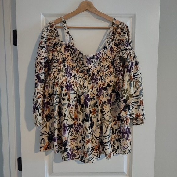 Torrid Challis Cold Shoulder Floral Taupe Peasant Blouse - Picture 2 of 13